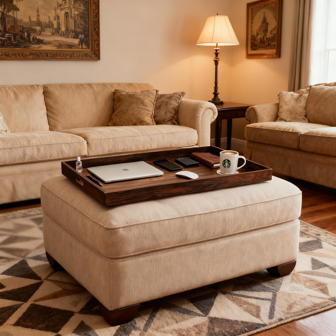 34 x 20 Inches Extra Large Rectangle Black Walnut Wood Ottoman Tray with Handles, Serve Tea, Coffee Classic Wooden Decorative Serving Tray